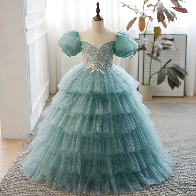 Elegant Evening Gown Puff Sleeve Embroidered Stage Performance Girls Cake Dress