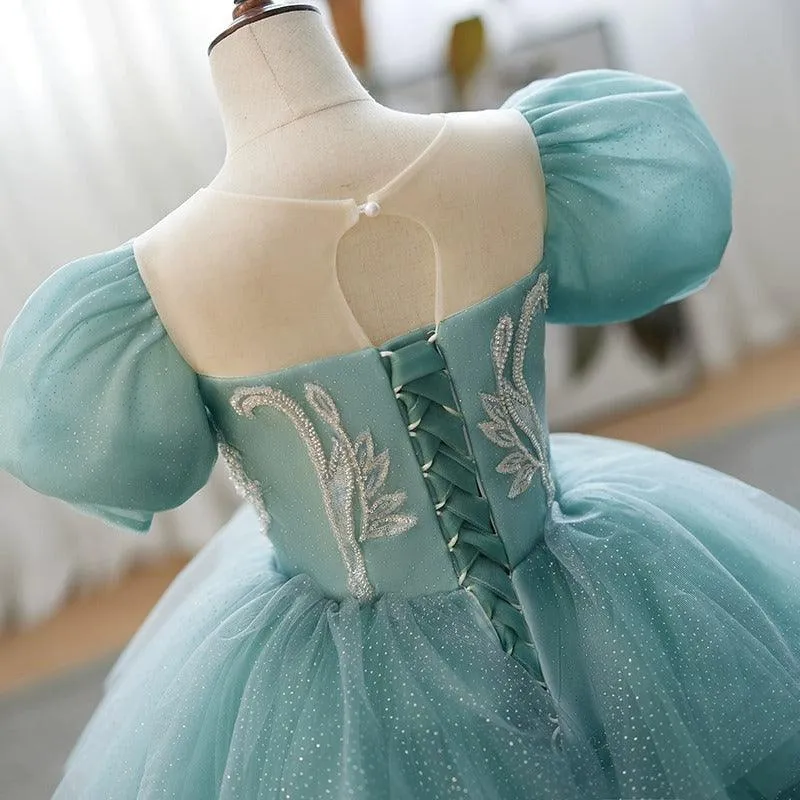 Elegant Evening Gown Puff Sleeve Embroidered Stage Performance Girls Cake Dress