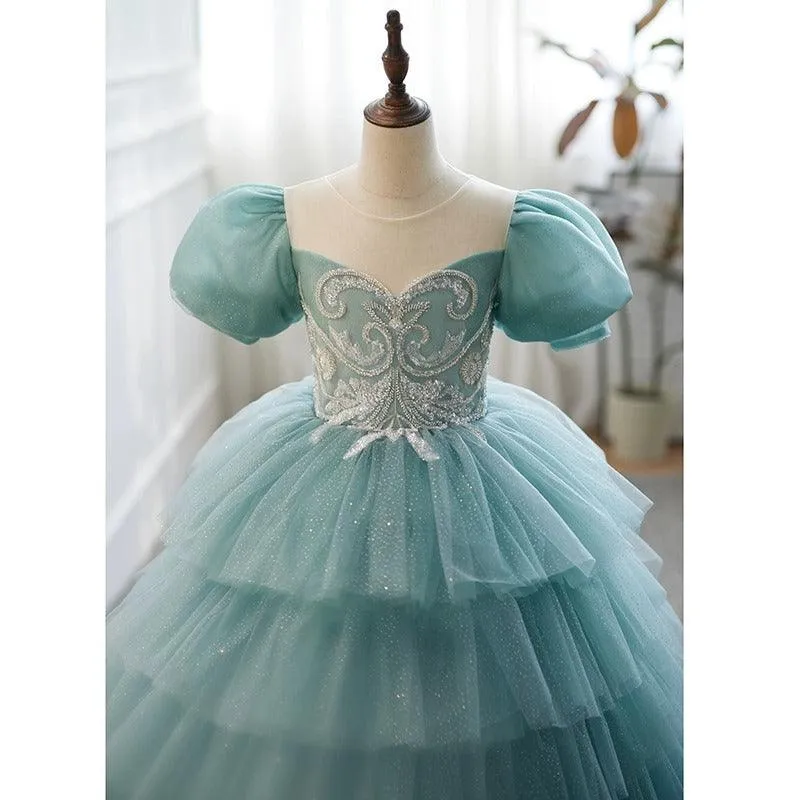 Elegant Evening Gown Puff Sleeve Embroidered Stage Performance Girls Cake Dress