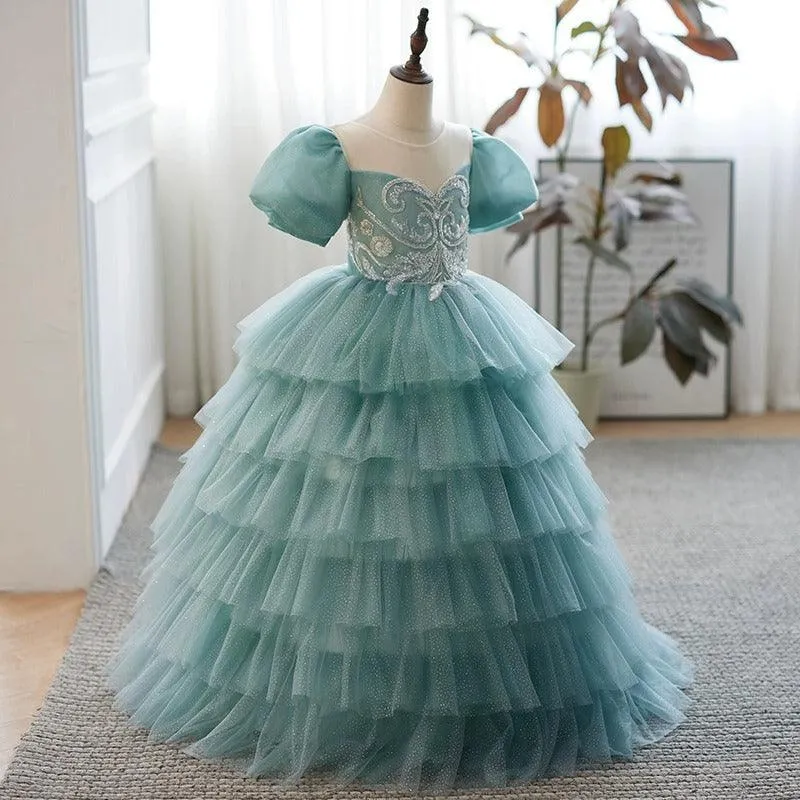 Elegant Evening Gown Puff Sleeve Embroidered Stage Performance Girls Cake Dress