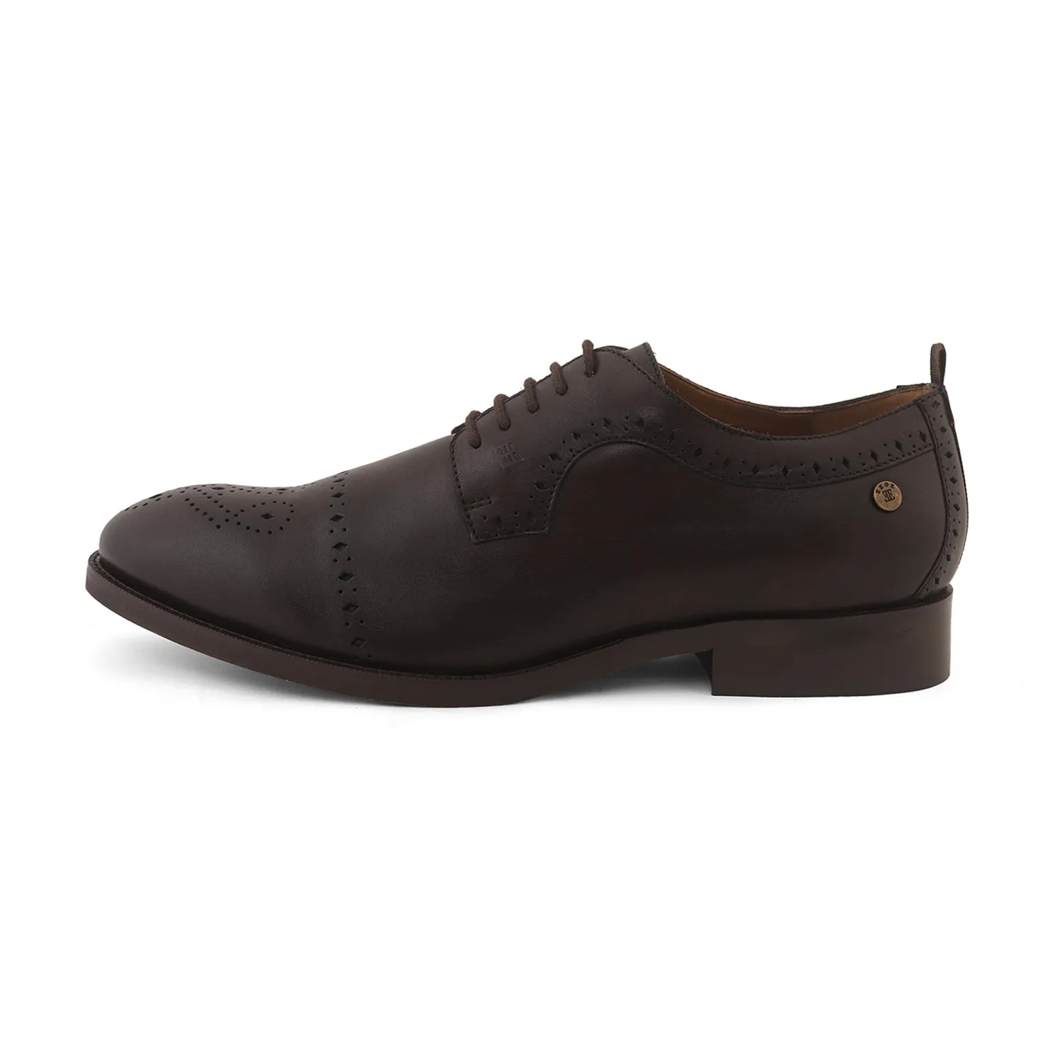 Ezok Men Brown Burnish Finish Perforated Leather Derby Shoes