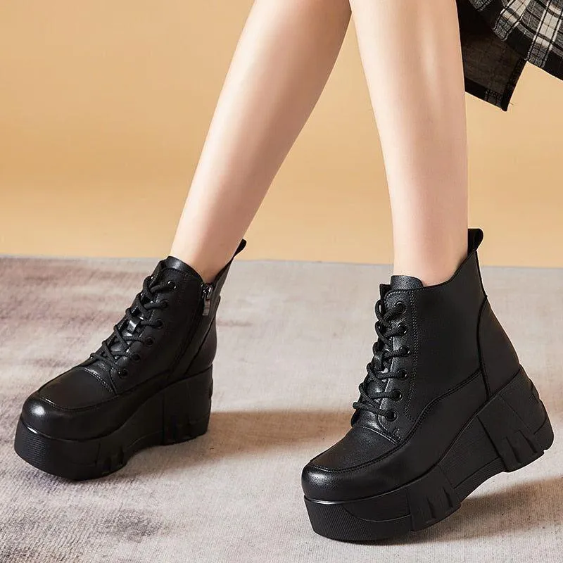 Fashion Retro Women's Platform Boots, Leather Wedge Casual Shoes- GCSO24