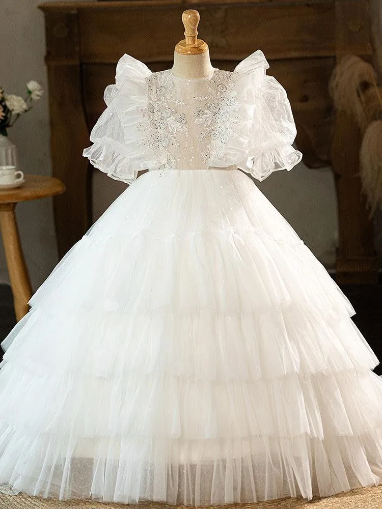 Fashionable children's bride white flower girl embroidered sequin tail girl evening dress piano stage performance girl princess dress