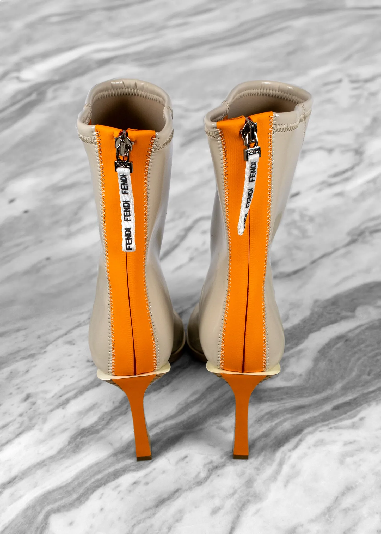 Fendi Beige Orange Patent Leather Ankle Boots