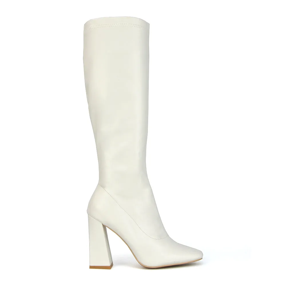 Gia Square Toe Block High Heel Knee High Boots in White Synthetic Leather