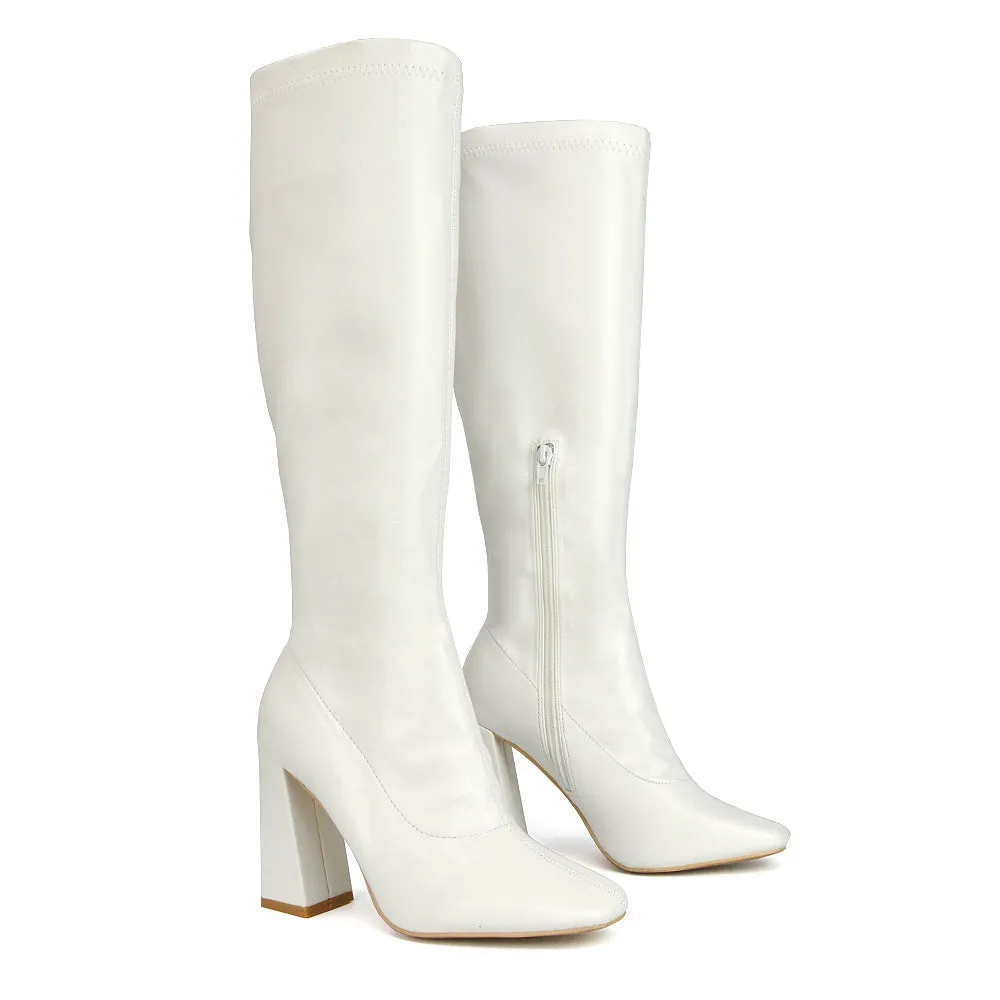 Gia Square Toe Block High Heel Knee High Boots in White Synthetic Leather