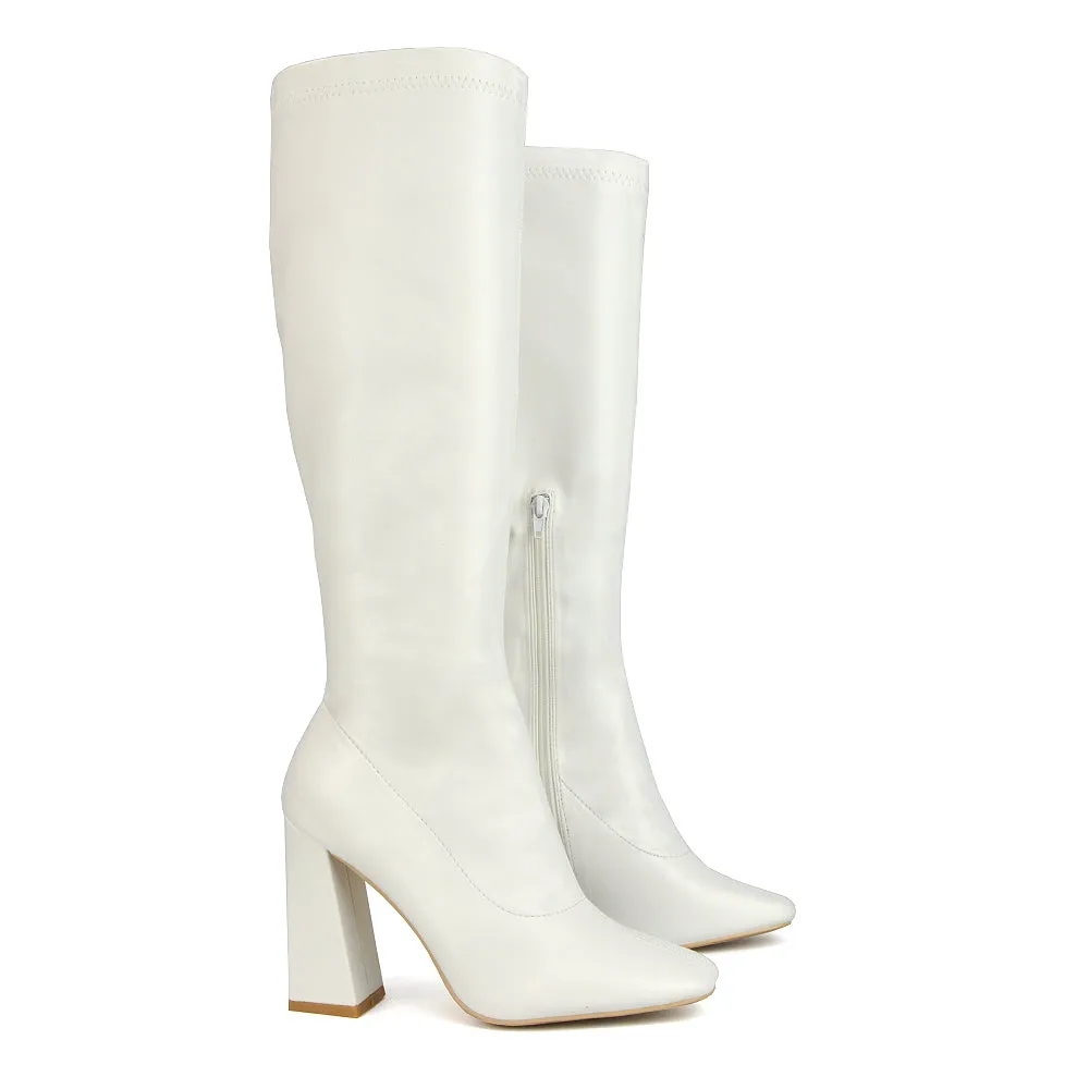 Gia Square Toe Block High Heel Knee High Boots in White Synthetic Leather