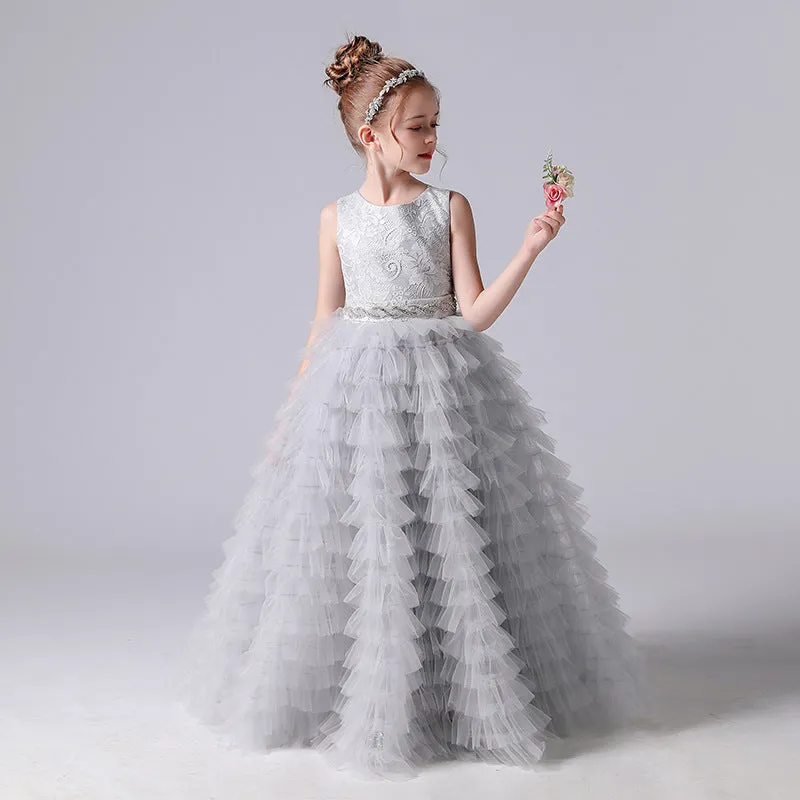 Girls dress piano performance party sleeveless cake long girl dress