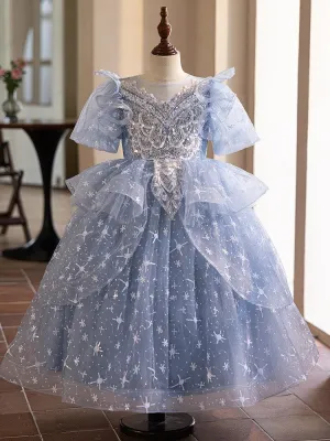 Girls host stage performance evening dress new blue short-sleeved embroidered mesh girl princess dress