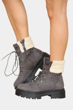 Grey Suede Fur Collar Lace up Ankle Boots