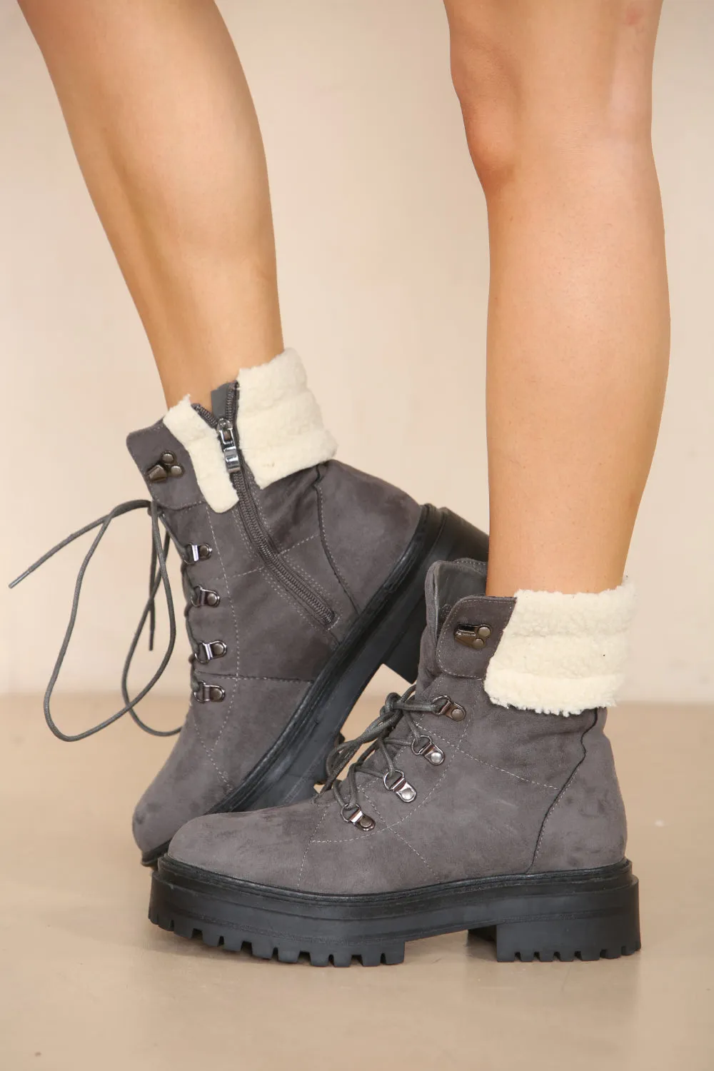 Grey Suede Fur Collar Lace up Ankle Boots