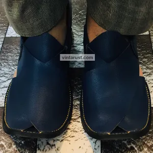 Handmade Blue Wide Round Peshawari Men's Chappal