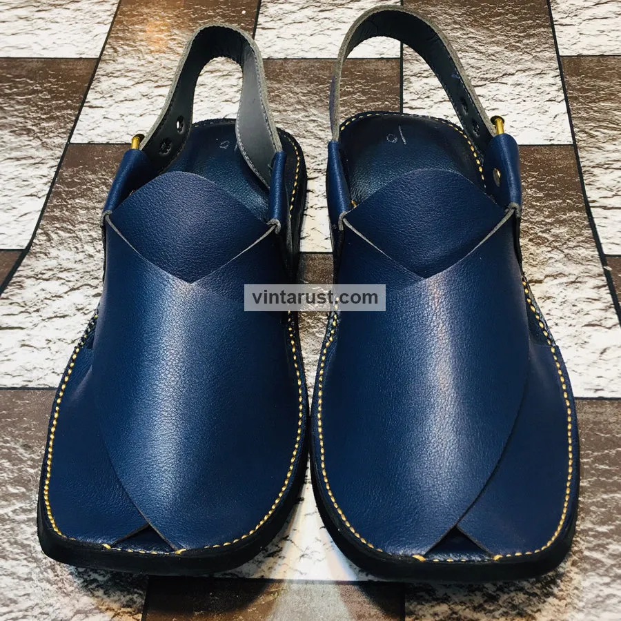 Handmade Blue Wide Round Peshawari Men's Chappal