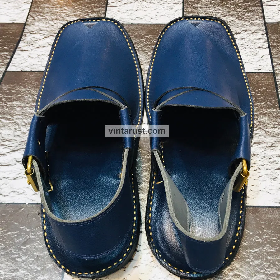 Handmade Blue Wide Round Peshawari Men's Chappal