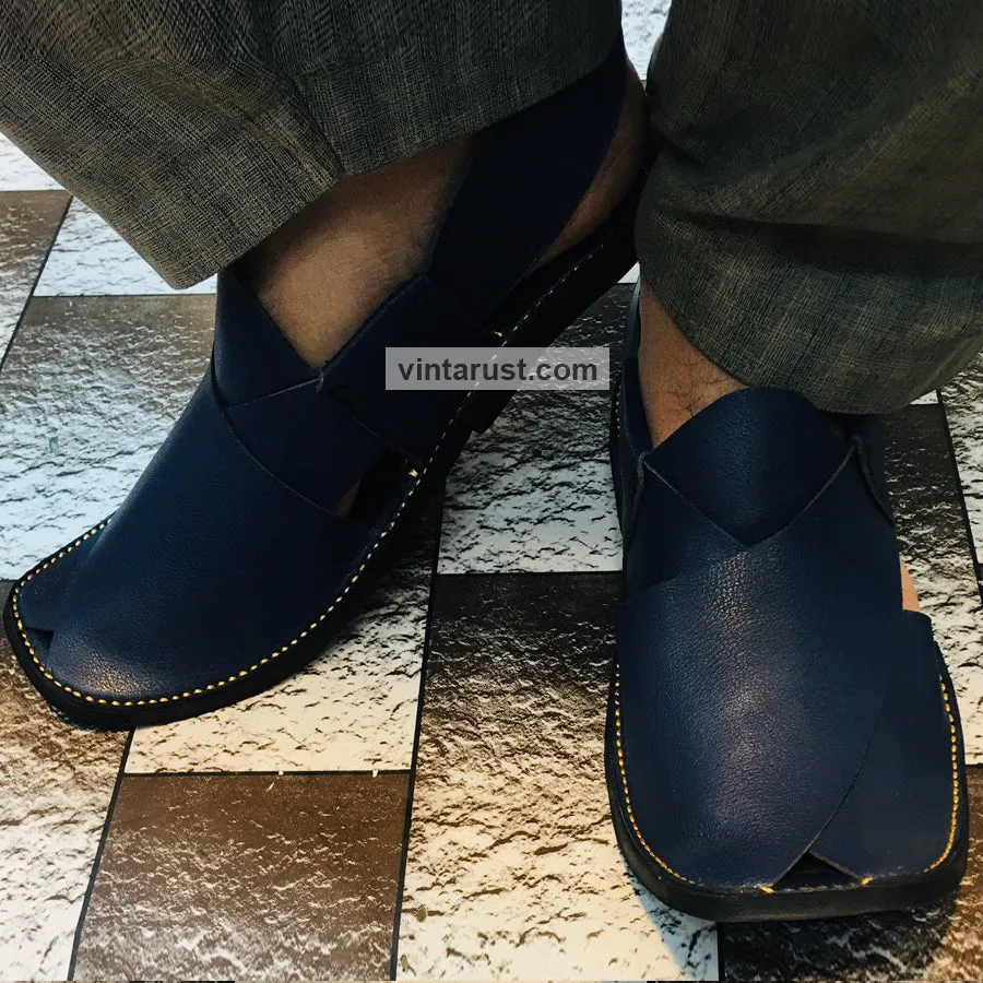 Handmade Blue Wide Round Peshawari Men's Chappal