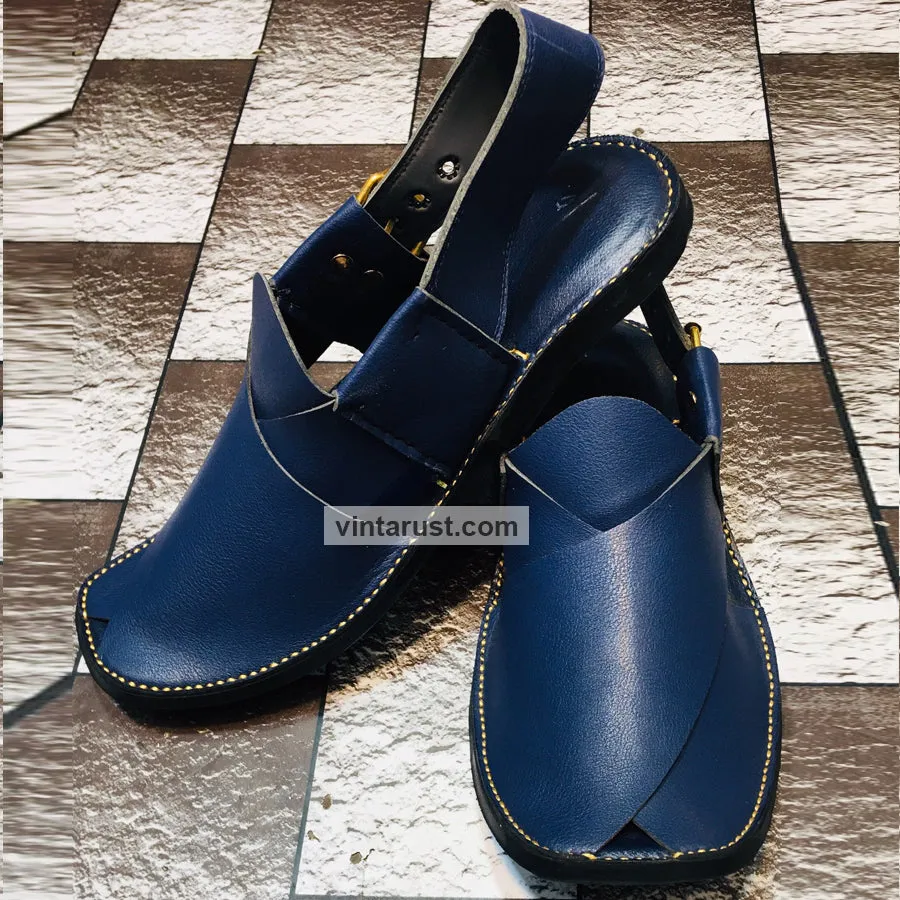 Handmade Blue Wide Round Peshawari Men's Chappal