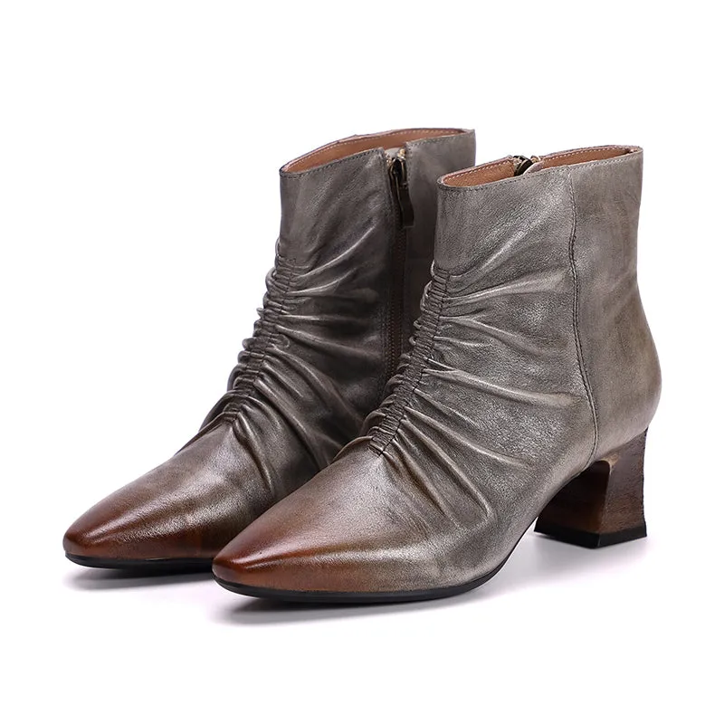 Handmade Wrinkled Soft Leather Kitty Heel Ankle Boots For Women Side Zipper in Coffee/Grey