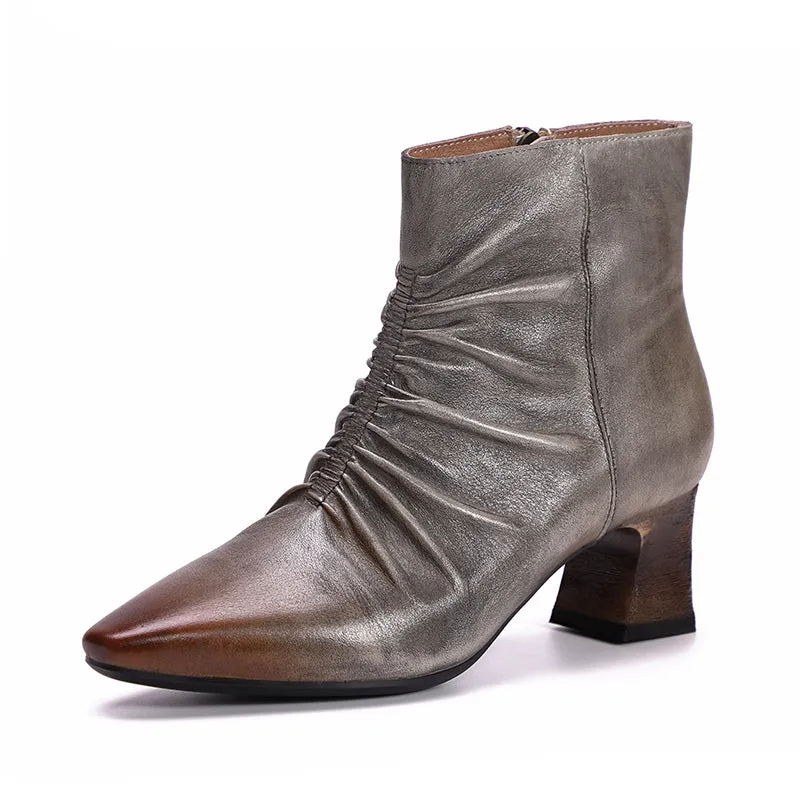 Handmade Wrinkled Soft Leather Kitty Heel Ankle Boots For Women Side Zipper in Coffee/Grey