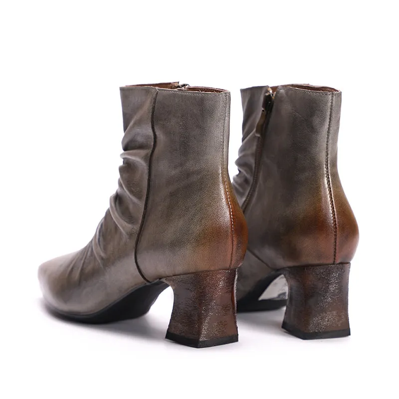 Handmade Wrinkled Soft Leather Kitty Heel Ankle Boots For Women Side Zipper in Coffee/Grey