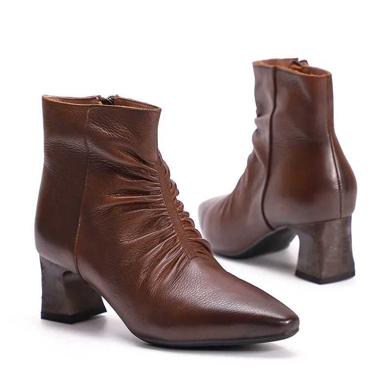 Handmade Wrinkled Soft Leather Kitty Heel Ankle Boots For Women Side Zipper in Coffee/Grey