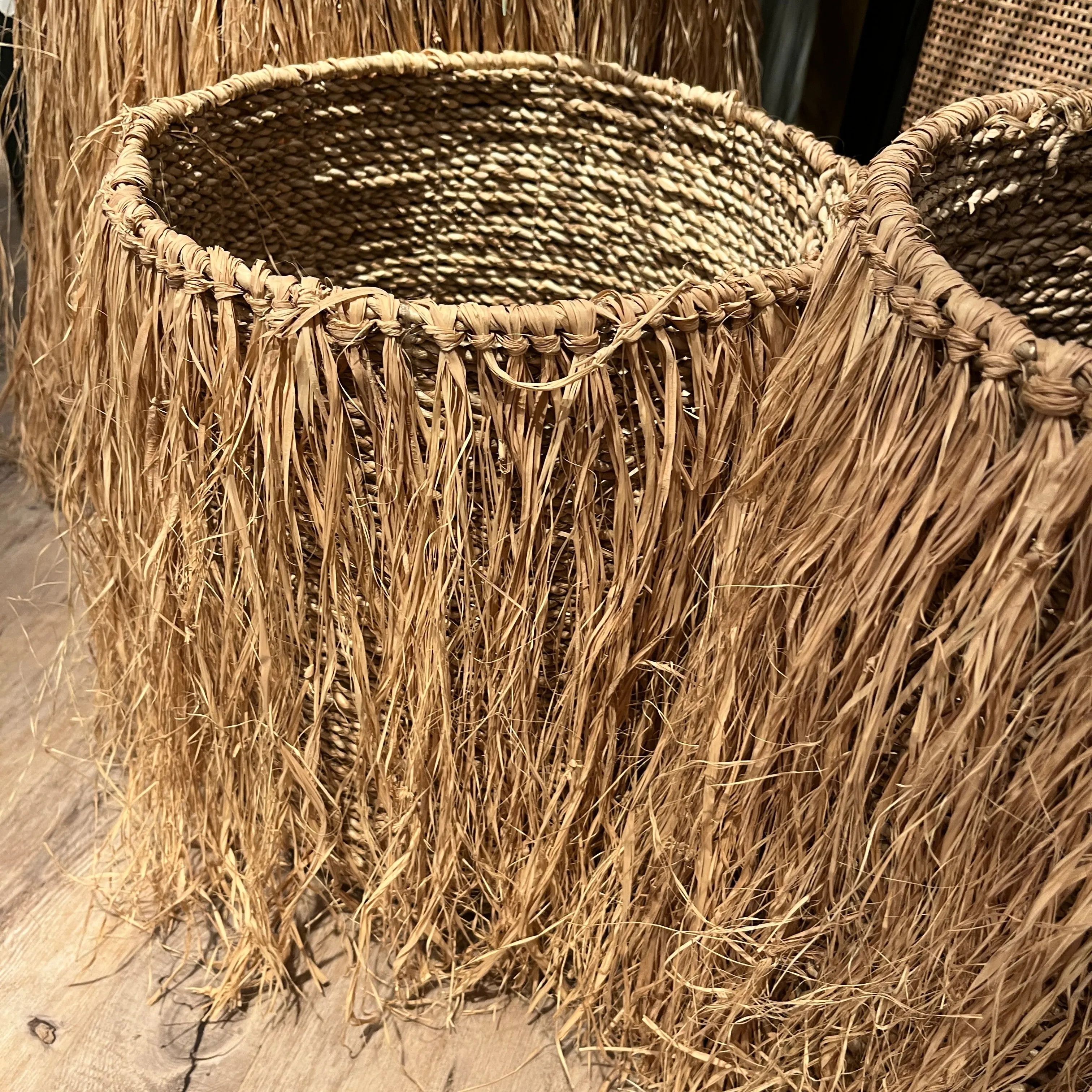 Handwoven Fringed Seagrass Basket - Set of Three