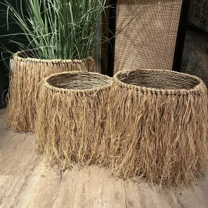 Handwoven Fringed Seagrass Basket - Set of Three