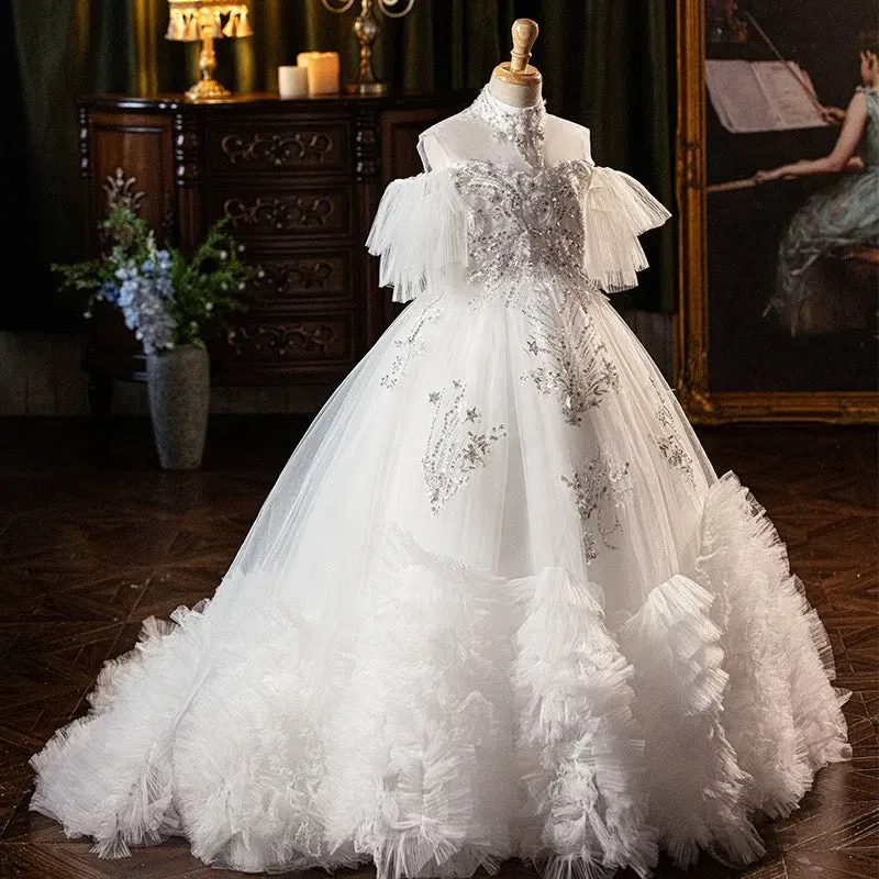 High end new girls' wedding dress stage performance elegant fluffy girls' evening dress