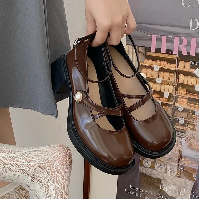 Hnzxzm Retro Brown Mary Jane Shoes Women Thick Heels Ankle Buckle Lolita Shoes Woman Uniform Pu Leather Student Shoes Female