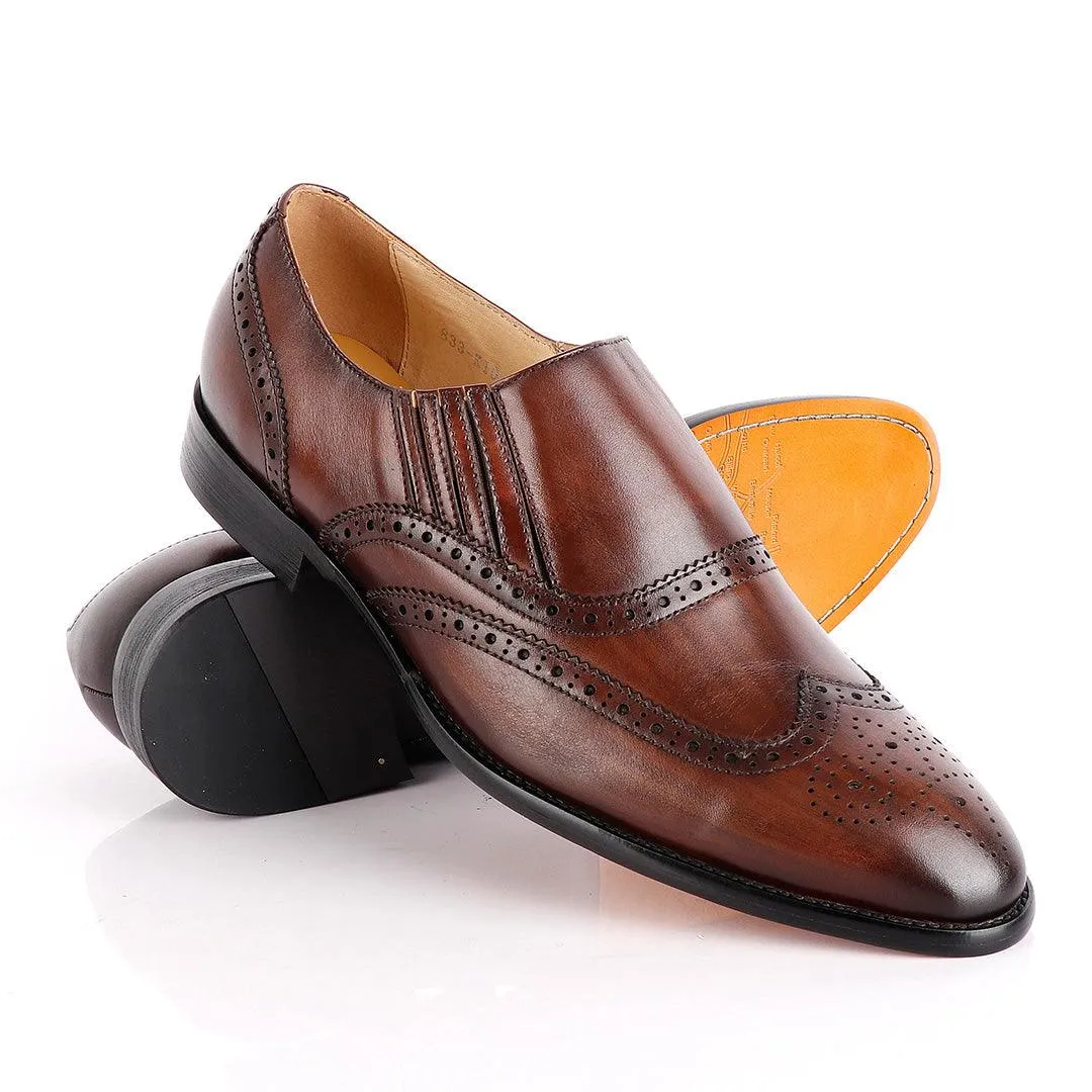 John Foster Coffee Slip On Brogue Shoe