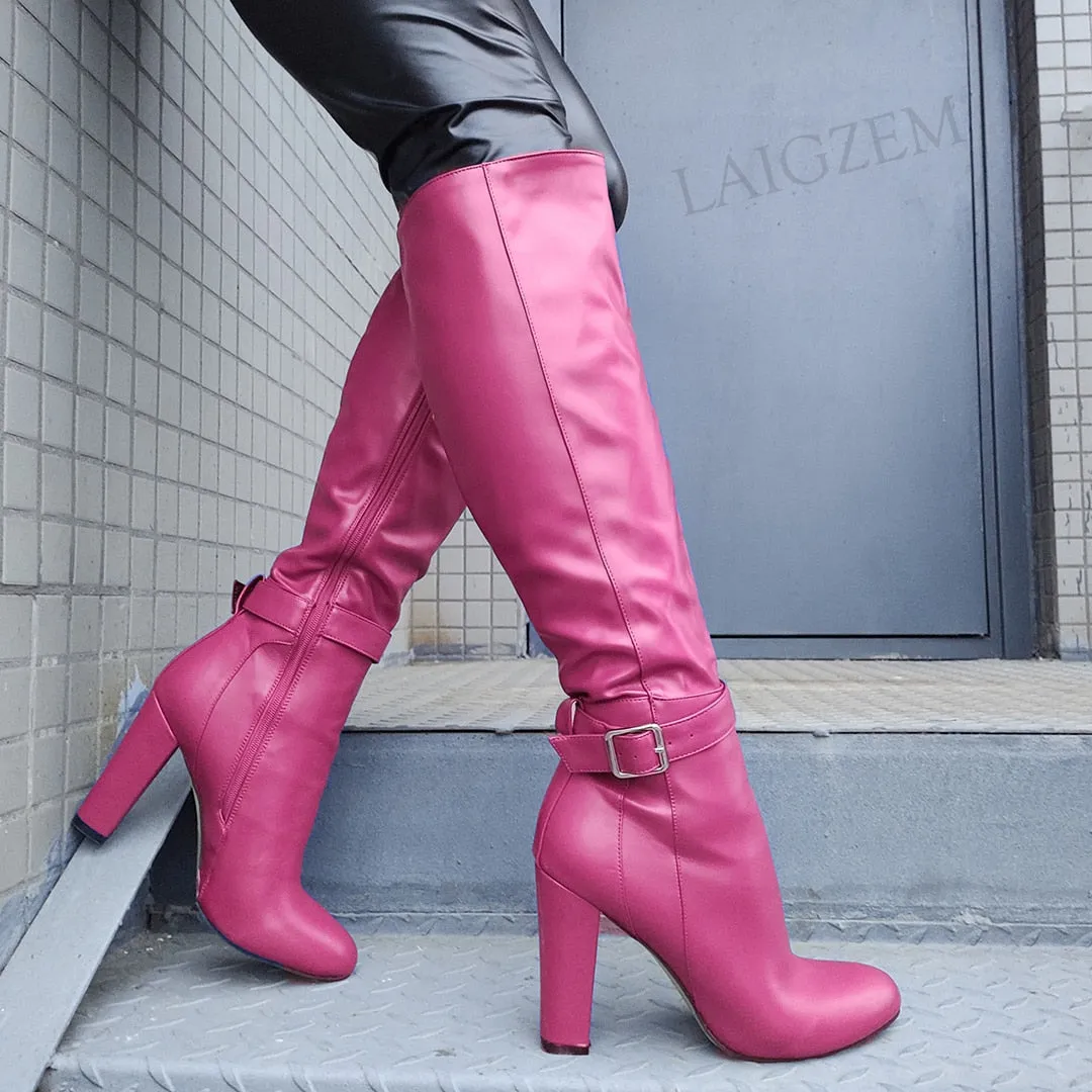 Knee High Boots Zip Up Chunky Heels