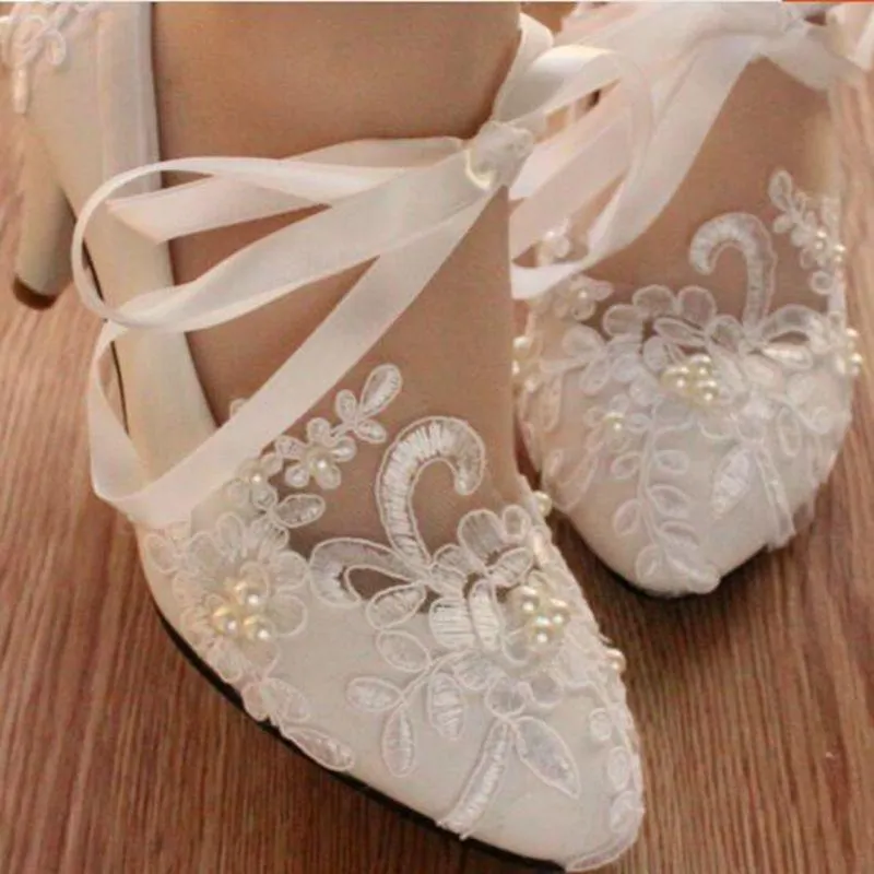 Lace Pearls Pointed Toes Women Wedding Shoes With Ribbons Lace Up, SY0122