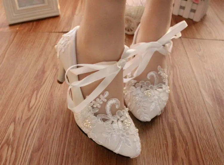 Lace Pearls Pointed Toes Women Wedding Shoes With Ribbons Lace Up, SY0122