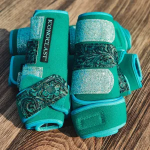 Large Turquoise Dyed Iconoclast Fronts and Hinds w/ Turquoise Wildflower Leather and Mint Glitter Straps