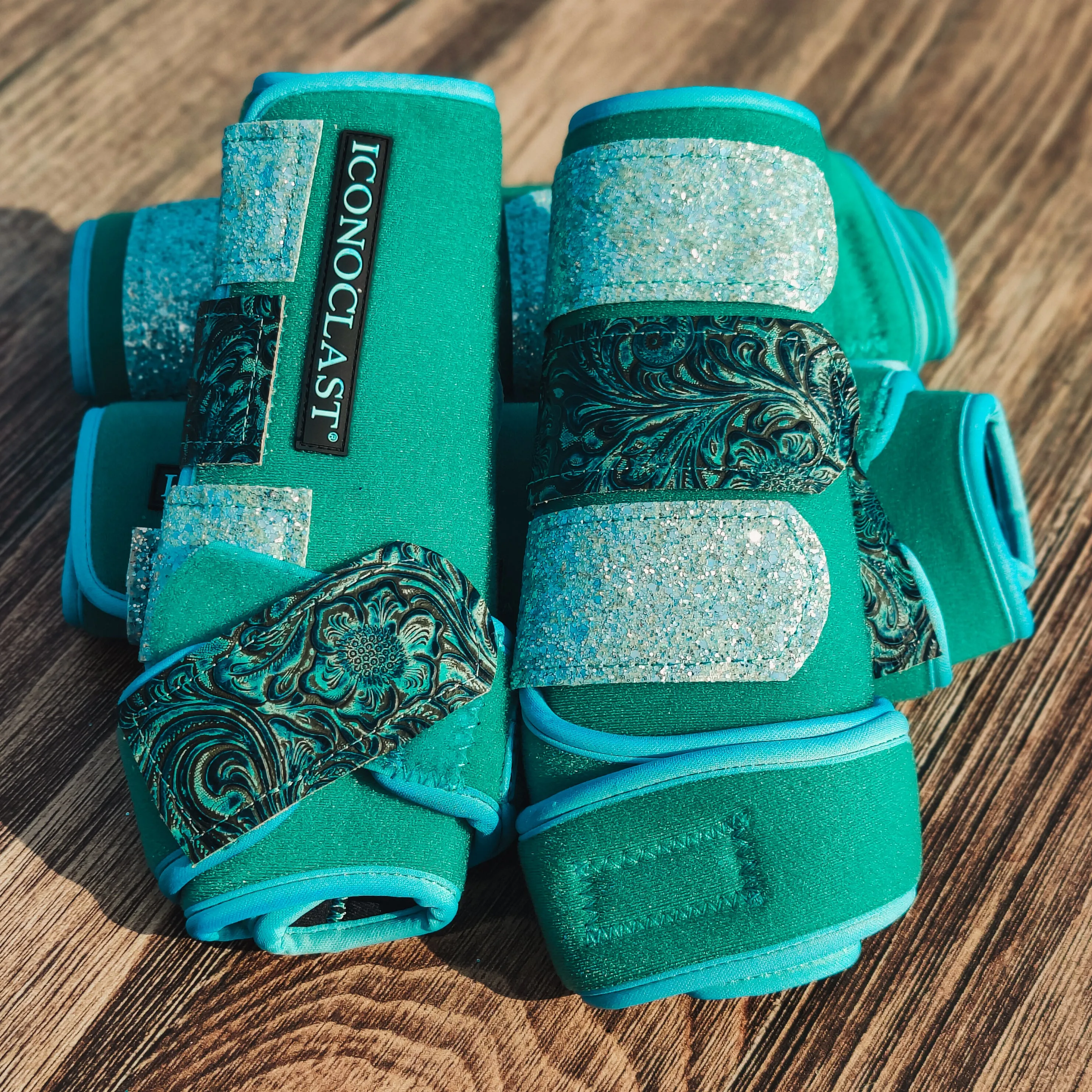 Large Turquoise Dyed Iconoclast Fronts and Hinds w/ Turquoise Wildflower Leather and Mint Glitter Straps