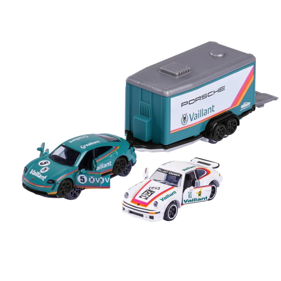 Licensed Diecast Porsche Tycan Turbo S and 934 Toy Car with Race Trailer