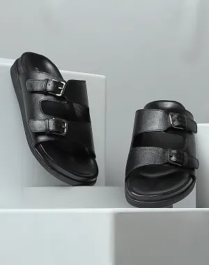 Men Black Leather Comfort Casual Slippers