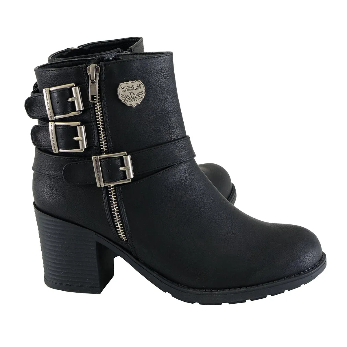 Milwaukee Leather MBL9405 Women's Short Black Boots with Side Zipper and Triple Buckle Adjustment