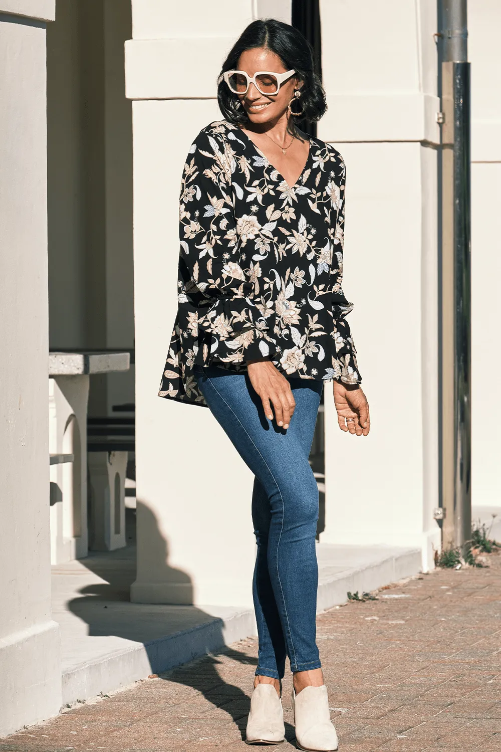 Mina Floral Long Sleeve Top Black