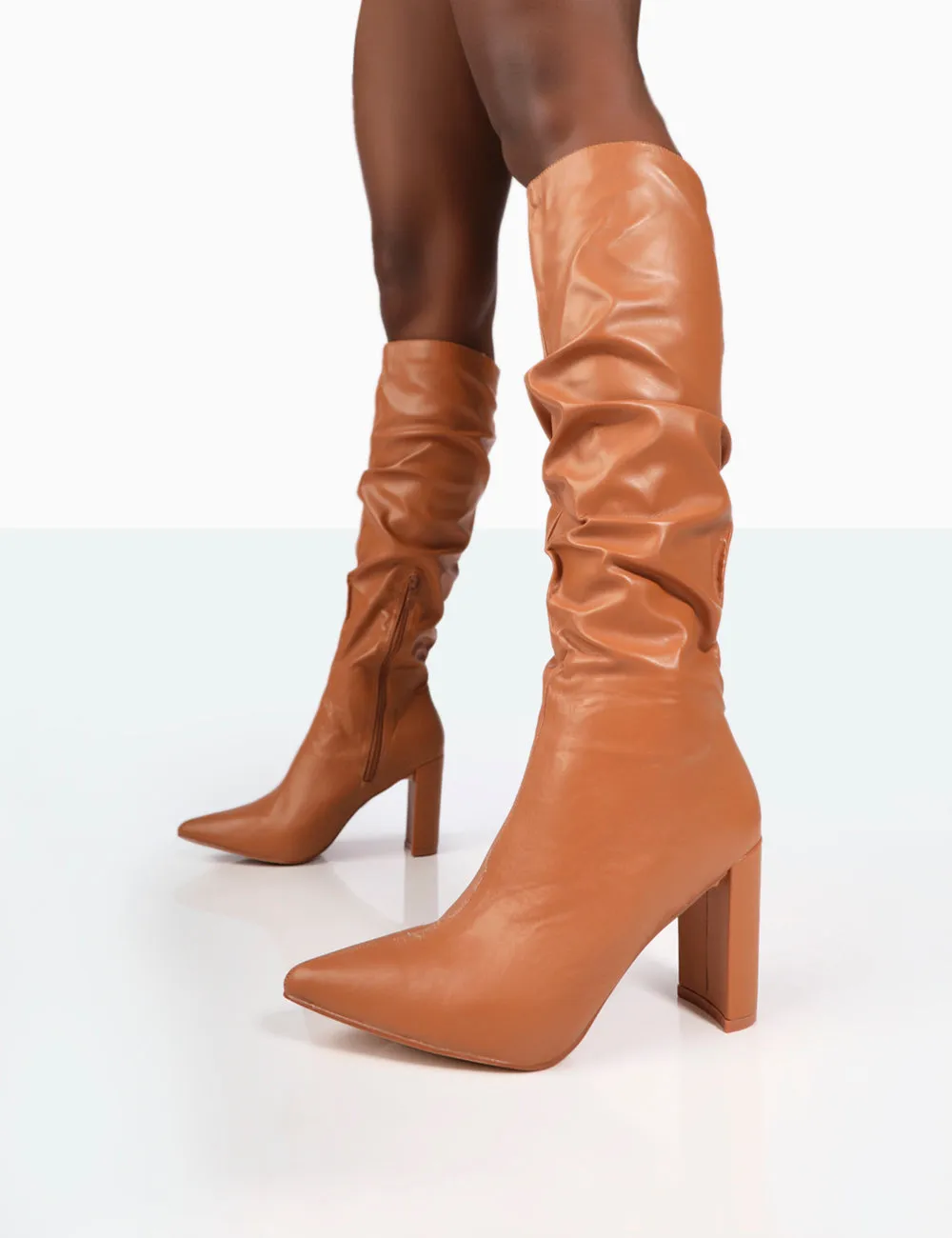 Mine Caramel PU Pointed Toe Block Heeled Knee High Boots