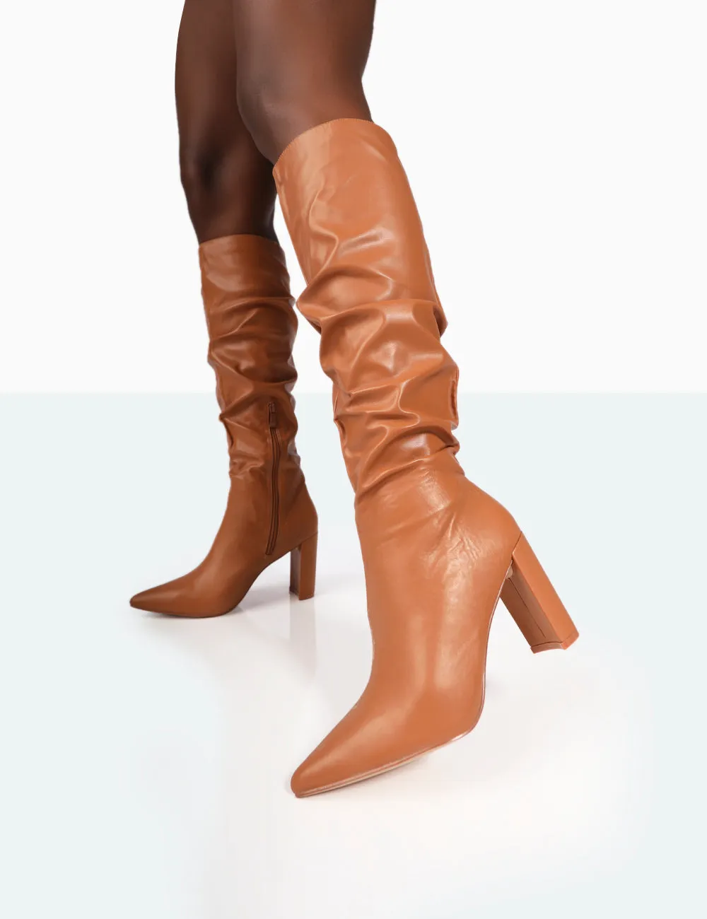 Mine Caramel PU Pointed Toe Block Heeled Knee High Boots