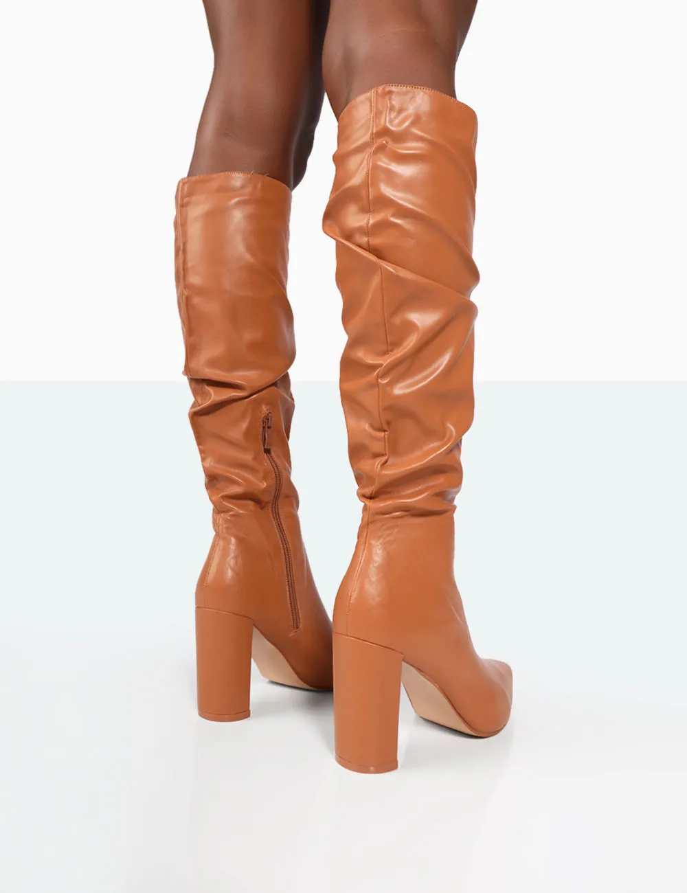 Mine Caramel PU Pointed Toe Block Heeled Knee High Boots