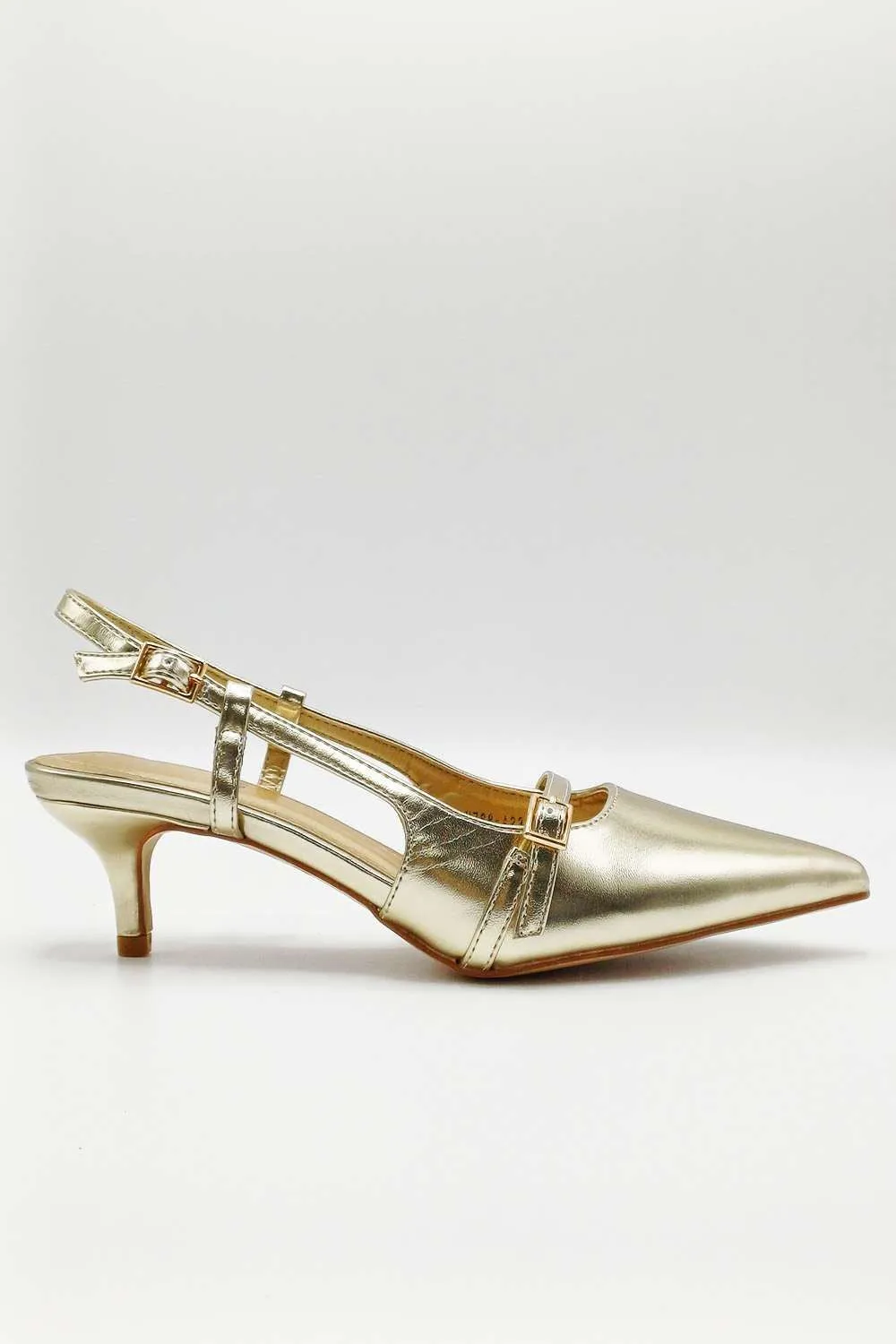 Moranna Buckle Strap Kitten Heel Court Shoes in Gold