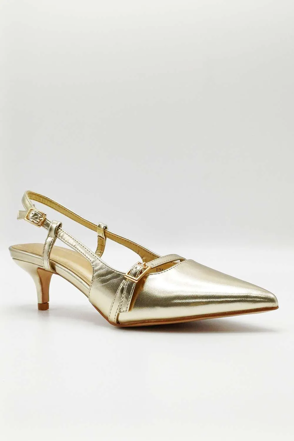 Moranna Buckle Strap Kitten Heel Court Shoes in Gold