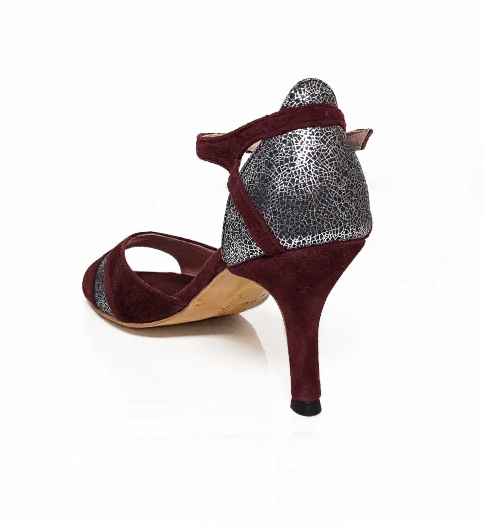 Mr. Tango Shoes, Diva, Burgundy Suede/Silver Texture, 2.75" Narrow Copa Heel