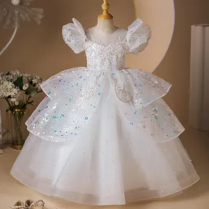 New fashionable children's birthday party evening dress white stage embroidered sequin performance girl princess dress