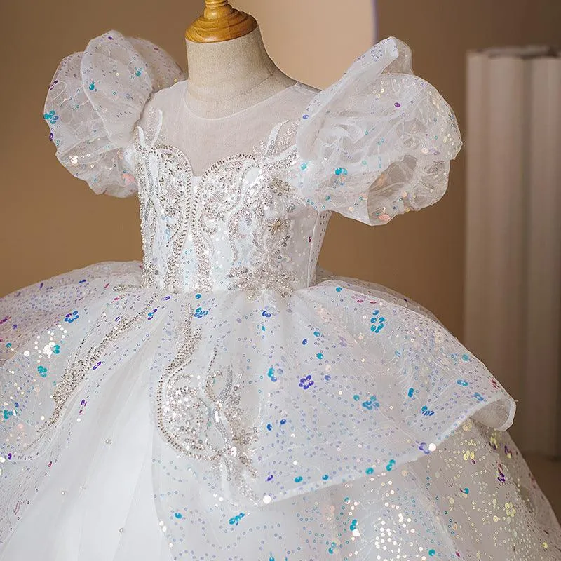 New fashionable children's birthday party evening dress white stage embroidered sequin performance girl princess dress