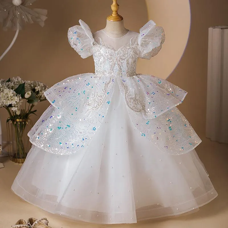 New fashionable children's birthday party evening dress white stage embroidered sequin performance girl princess dress