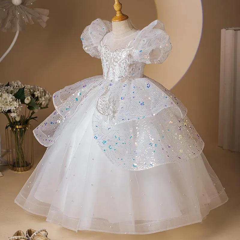 New fashionable children's birthday party evening dress white stage embroidered sequin performance girl princess dress