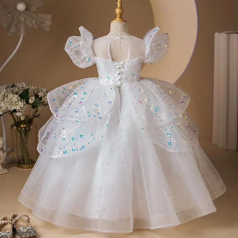 New fashionable children's birthday party evening dress white stage embroidered sequin performance girl princess dress