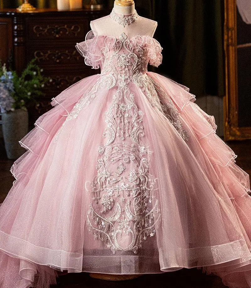 New Pink Lace Embroidered Fluffy Fashion Stage Performance Flower Girl Wedding Girls' Evening Dress